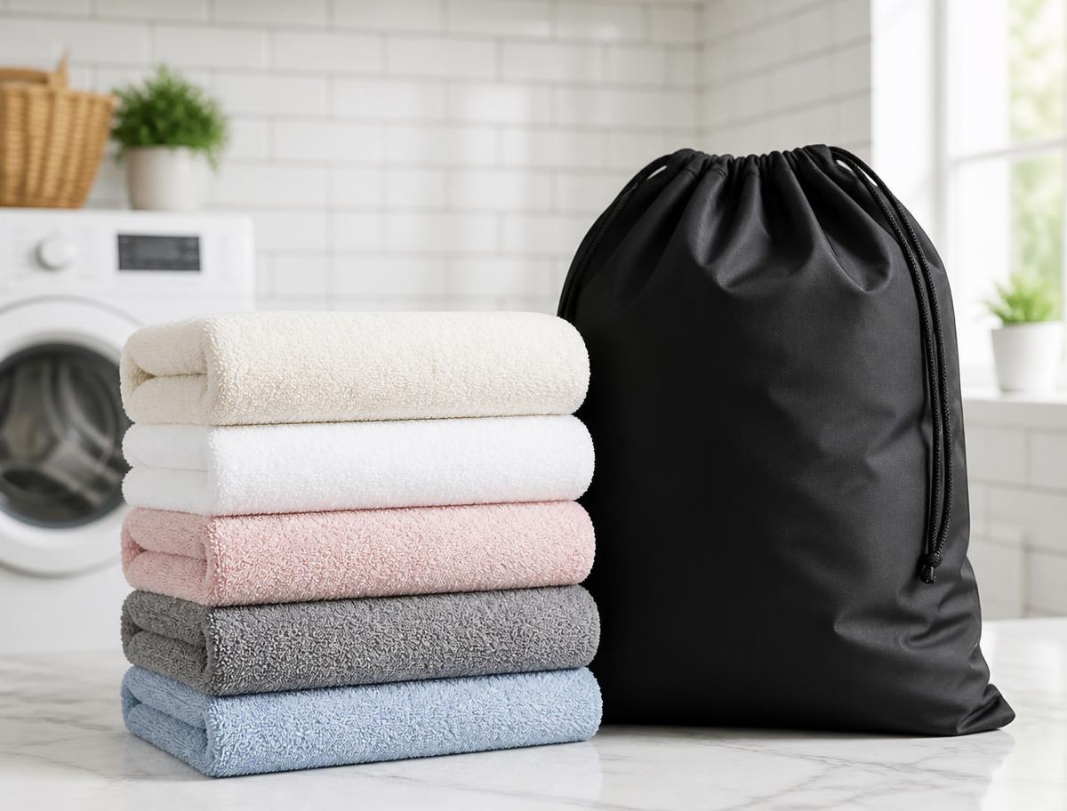 Folded towels stacked beside a black laundry pickup bag in a bright laundry room